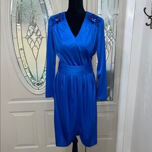 Vintage Impromptu Long Sleeve Blue Dress with Floral Beaded Accents With Belt